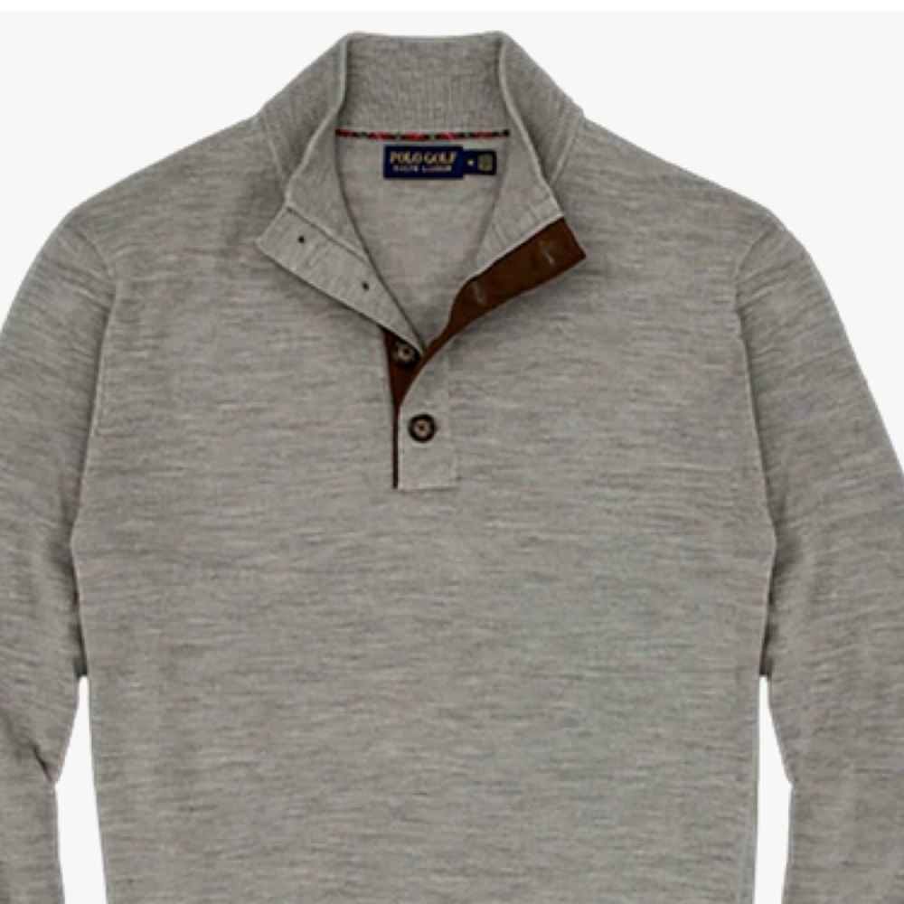 Polo Golf Ralph Lauren Merino Wool Button Mockneck Gray Mens Golf Sweater